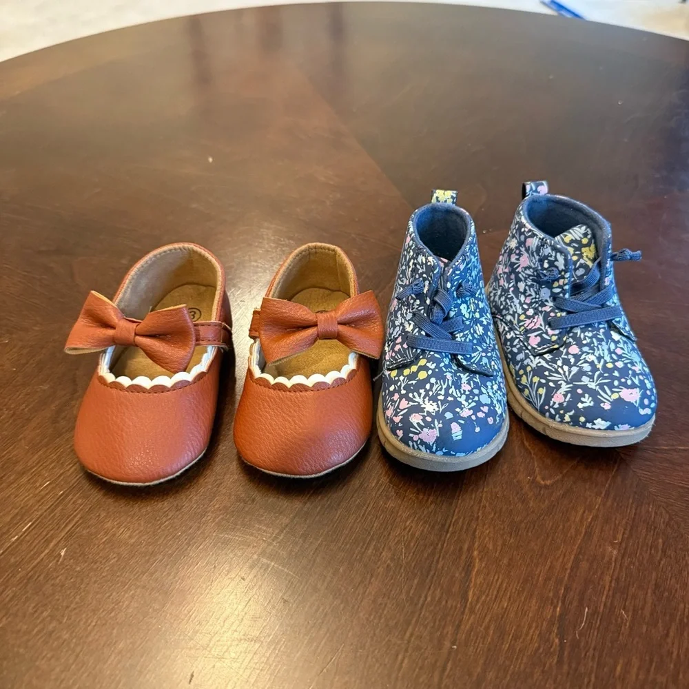 Not Rated Baby Shoes - Brown Bow and Blue Floral